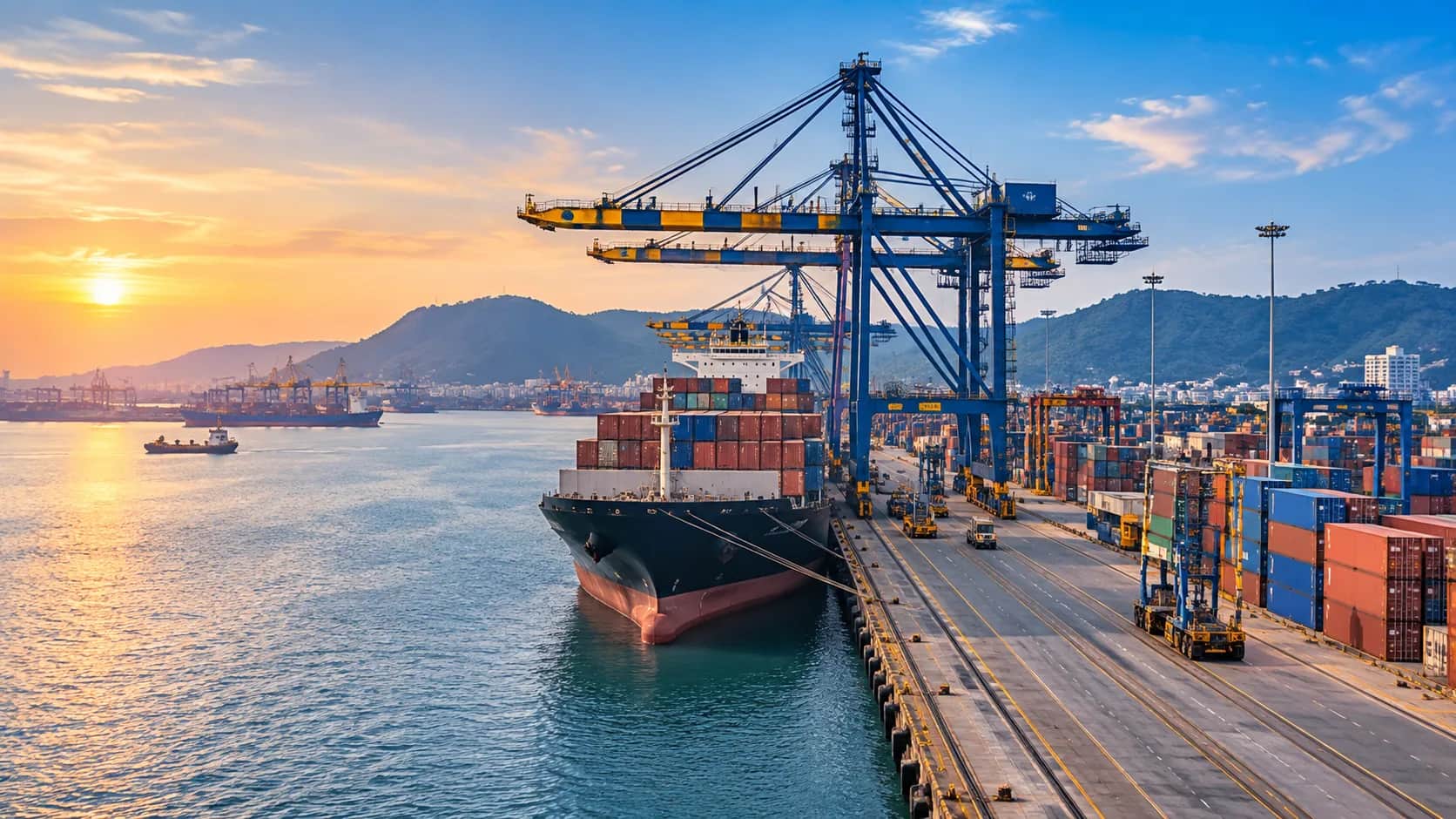 Illustration of a container ship at a quay under gantry cranes, with green hills and a sunset behind