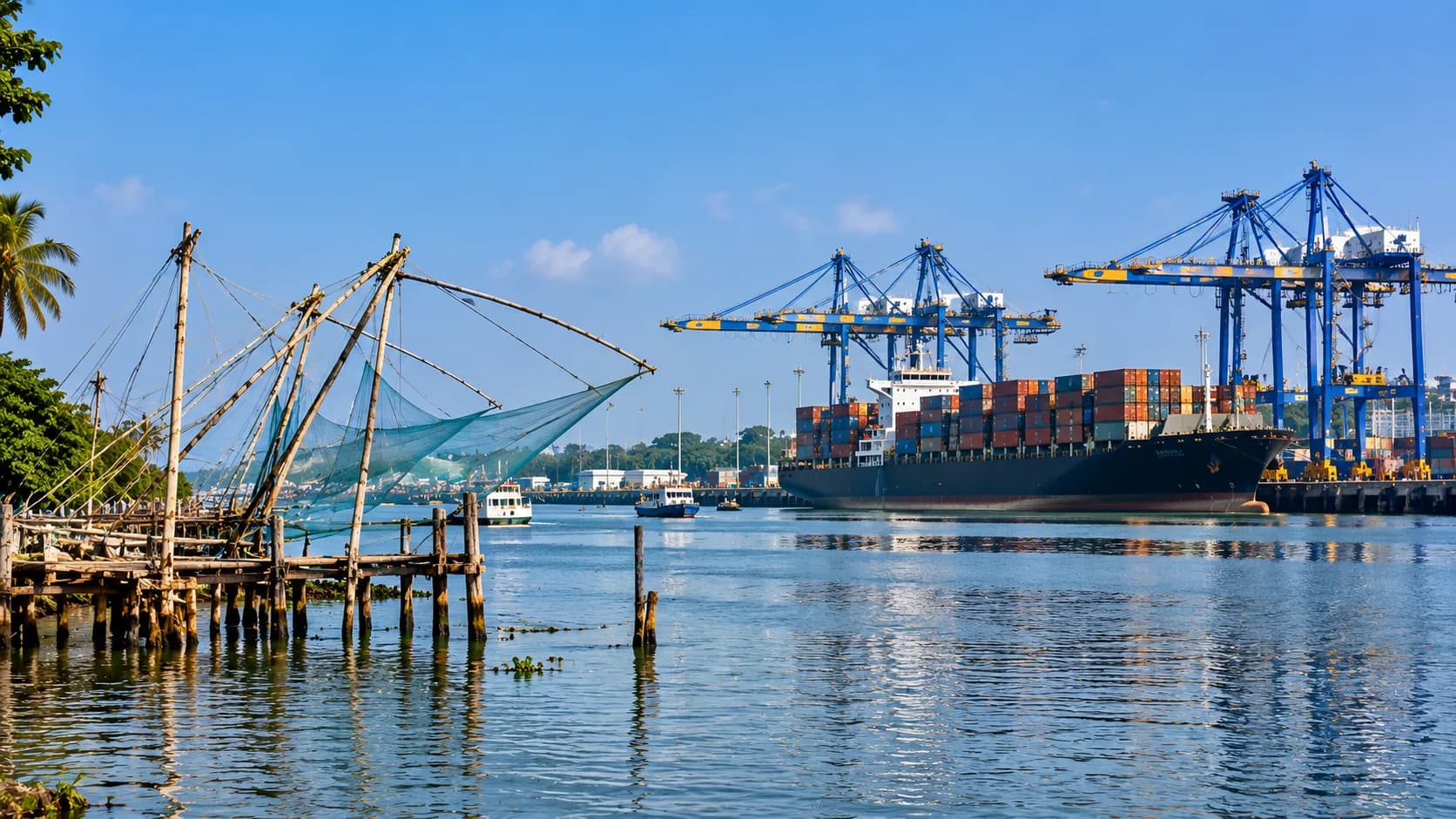 Illustration of wooden fishing nets on stilts in the foreground and a container ship at a crane-lined quay