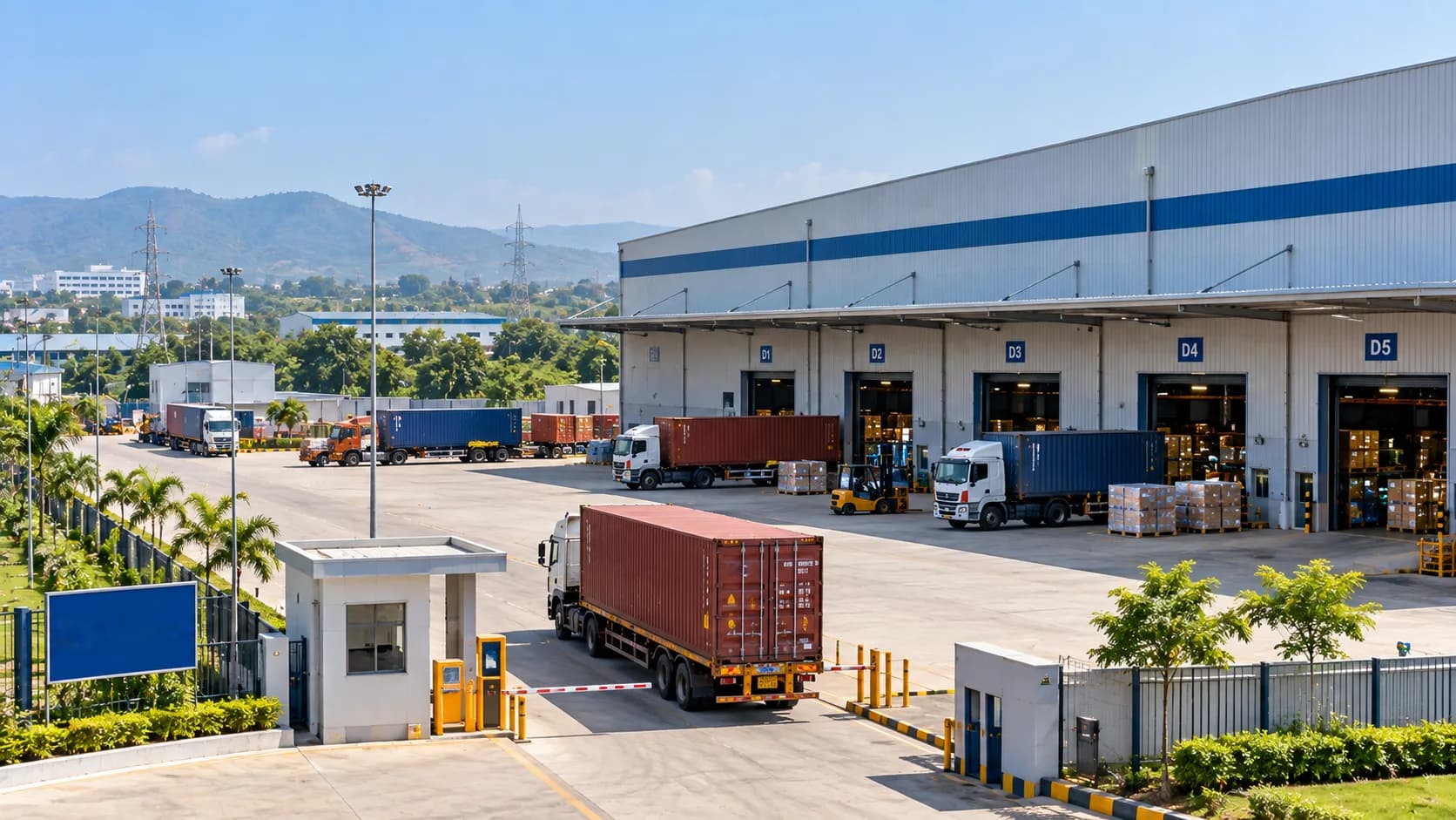 Illustration of a warehouse with numbered loading docks, container trucks and a gated entrance, hills behind