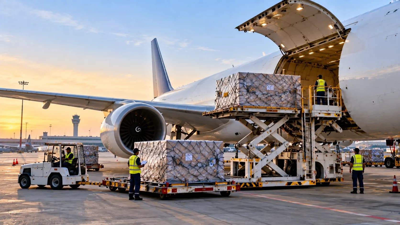 Illustration of wrapped cargo pallets being loaded through the nose door of a freighter aircraft