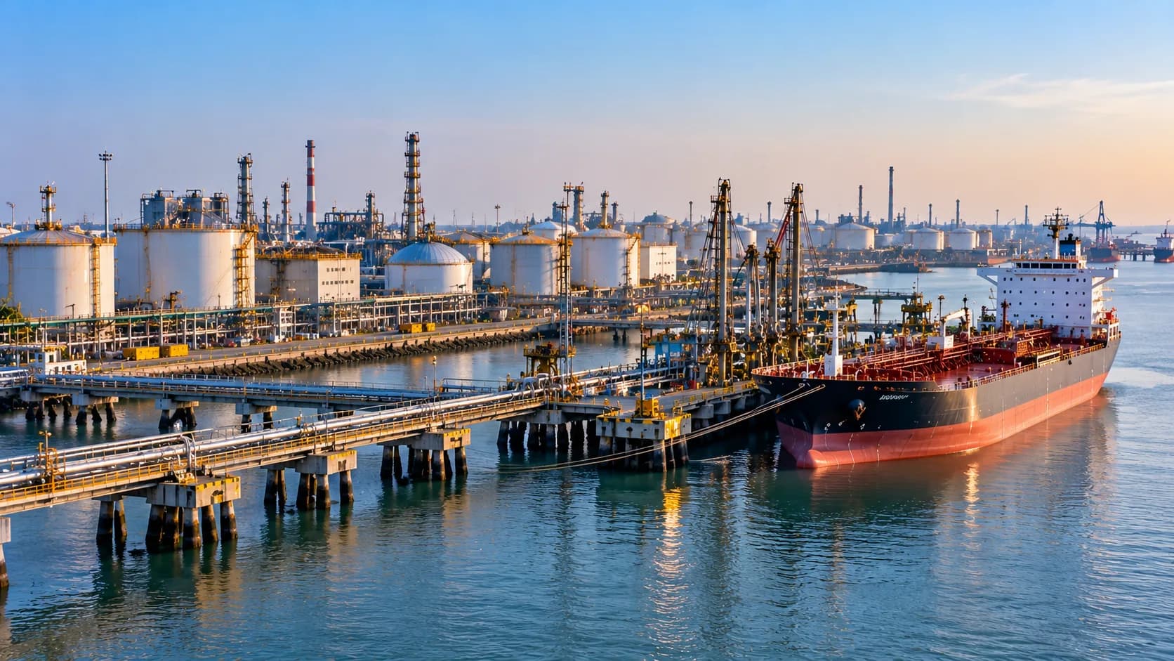 Illustration of a tanker moored at a jetty beside rows of white storage tanks and an industrial skyline