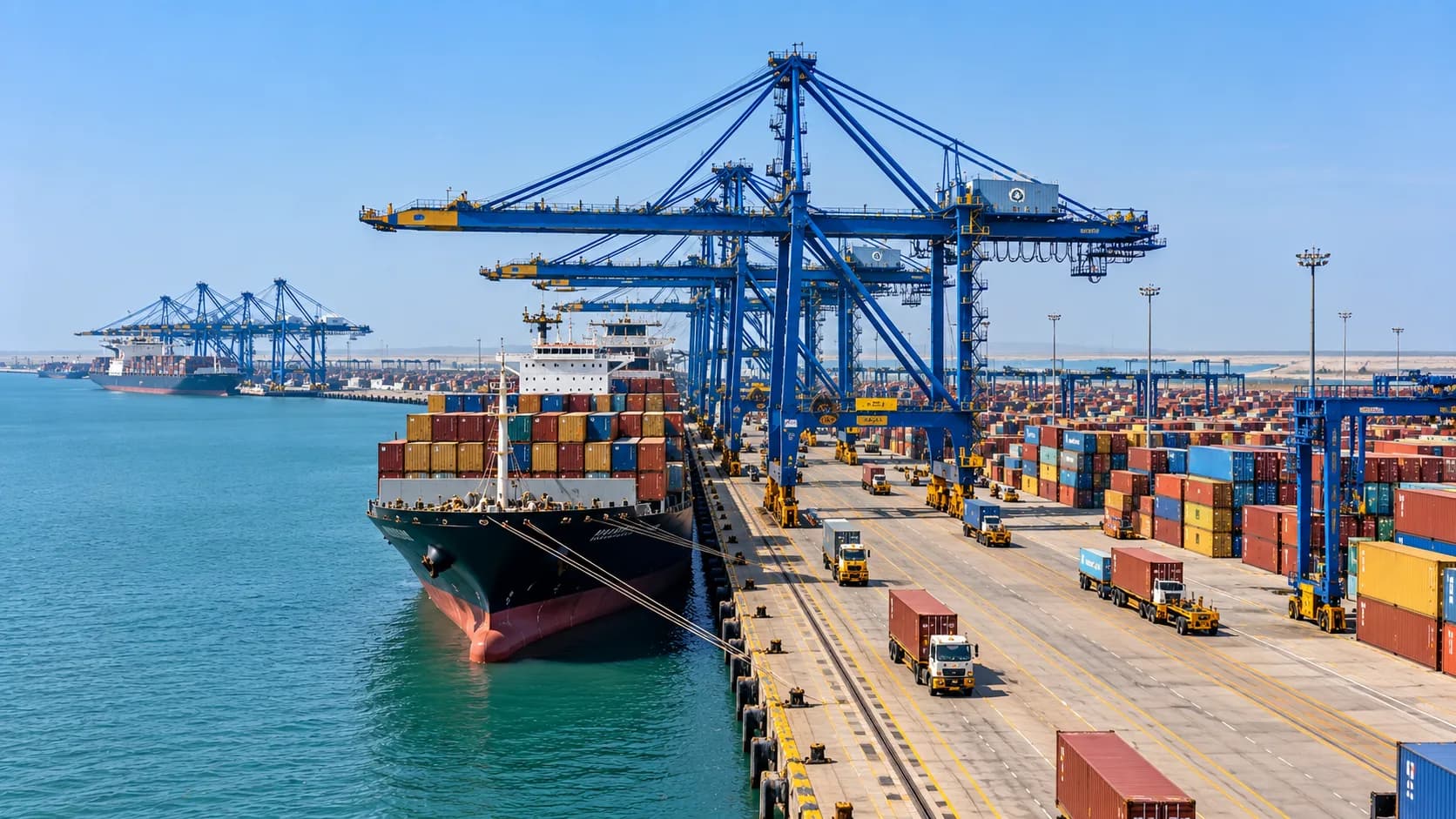 Illustration of a container ship berthed under blue gantry cranes beside a busy container yard with trucks