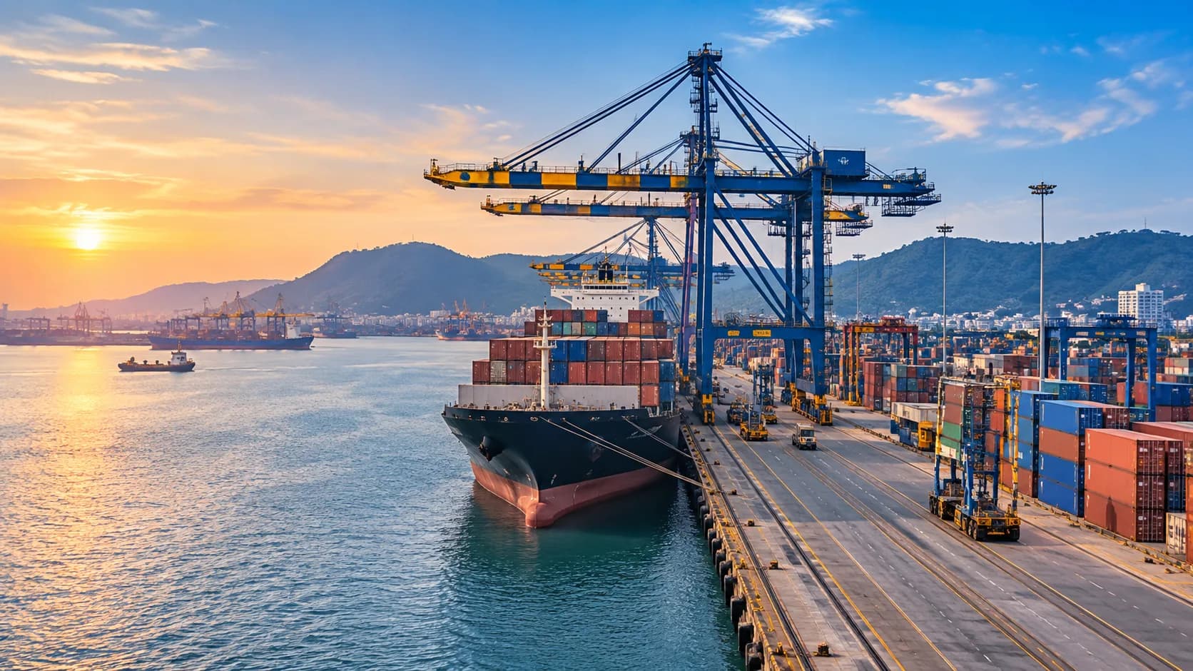 Illustration of a container ship at a quay under gantry cranes, with green hills and a sunset behind