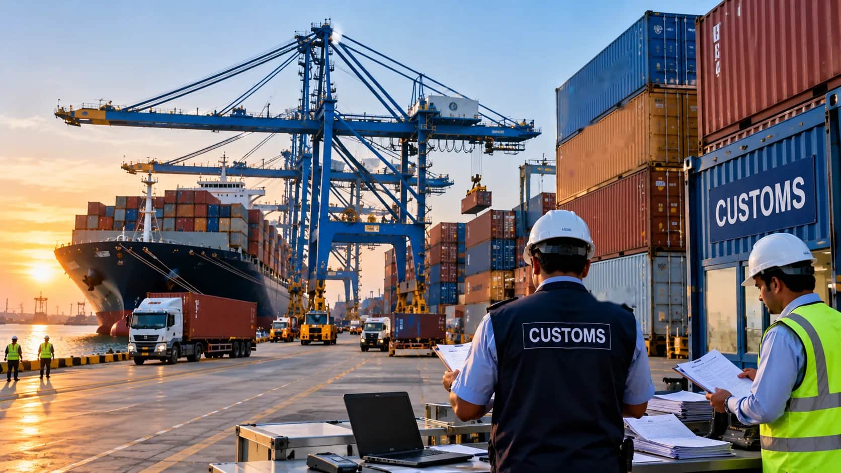 Illustration of two customs officers reviewing documents at a container port, with a ship and cranes at sunset
