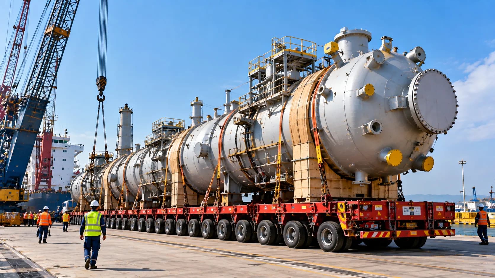 Illustration of large steel process modules strapped to a long multi-axle trailer on a quayside
