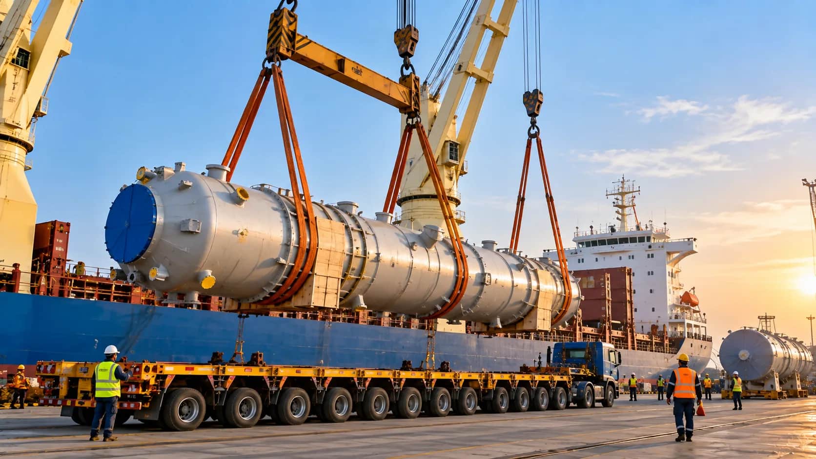 Illustration of a large steel reactor vessel lifted by ship cranes above a multi-axle trailer on a quay