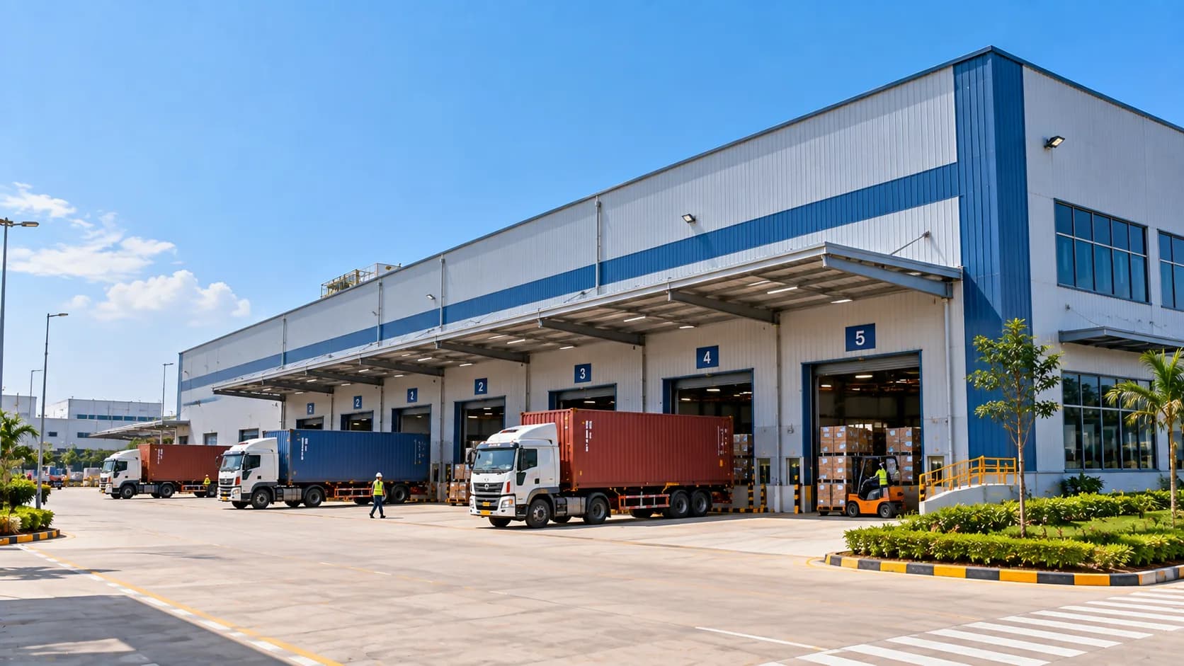 Illustration of a warehouse with numbered loading docks and container trucks parked outside